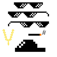 Pixel thug life style suit with gold chain, 3 black glasses, hat and cigarette. vector illustration for graphic design 8 twist 16 twist