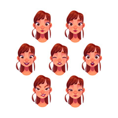 Young woman face with different emotions. Vector cartoon set of girl happy, cry, shy, angry, skeptic and surprise isolated on white background. Female character portraits