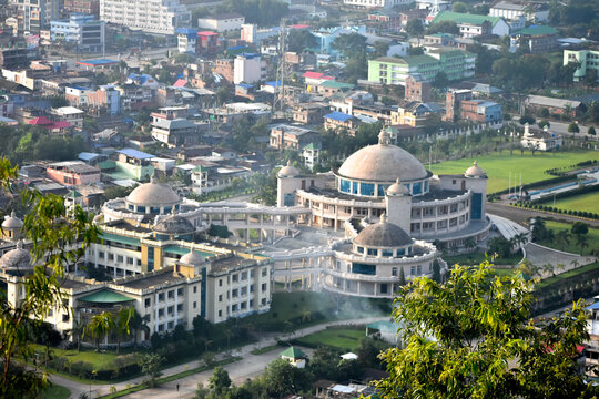 An aerial view of Manipur Assembly hall from Imphal  view tower present at top of the Cheirao Ching hill.
