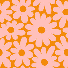 Groovy Daisy Flowers Seamless Pattern. Floral Vector Background in 1970s Hippie Retro Style - 519057181