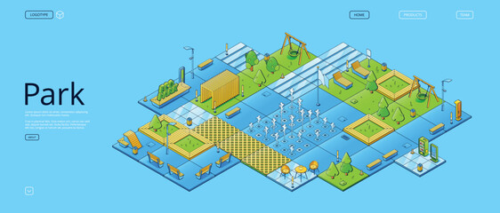 Fototapeta premium City park, recreational eco area isometric landing page. Urban garden with benches, trees, kids zone with swings, fountains,lanterns, outdoor cafe and vending machines, 3d vector line art web banner