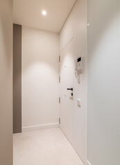 Vertical view of entrance hall area in modern refurbished apartment. White walls and door with intercom system.