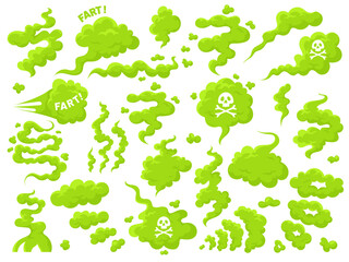 Bad smell fart set. Green smelly toxic clouds in cartoon style. Comic smoke collection, illustration of stinky odor such as fart, cigarette, breath, rotten food, garbage. Chemical poison fume on white - obrazy, fototapety, plakaty