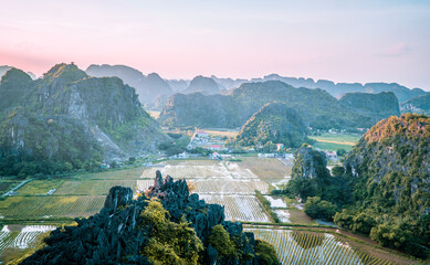 Stunning aerial sunset view of the region of Ninh Binh, Vietnam from Hang Mua Viewpoint