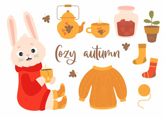 Vector set of cozy autumn. Cute rabbit with cup of hot tea, knitted clothes, teapot, strawberry jam, an indoor flowerpot and ball of thread. Vector illustration. Isolated elements for fall design.