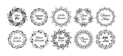 Floral wreaths. Round boho flowers for wedding design. Botanical logo, hand drawn borders and garlands, summer leaf ornaments in rustic style. Elegant doodle circle Vector frames