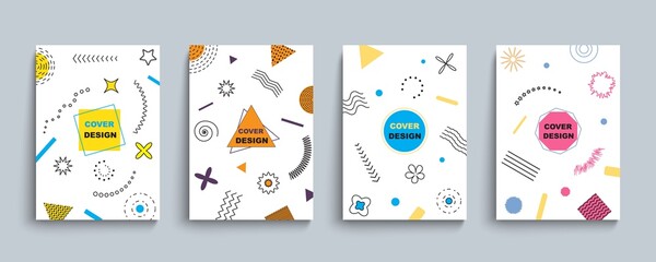 Geometric pattern posters. Minimalist design with shapes, simple graphic covers, modern collages. Dots lines, circles and squares, contemporary simple cards. Vector abstract background