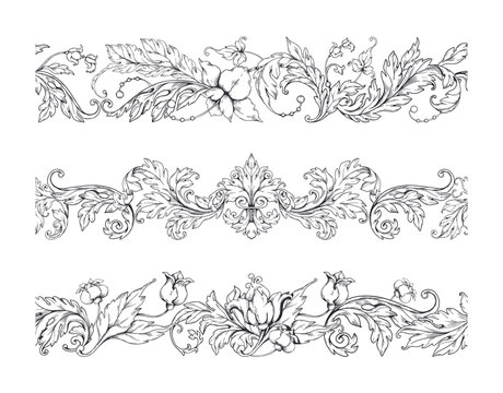 Baroque border frame. Floral victorian curve ornament set, elegant decoration motif with flowers, filigree and swirl ornate. Blooming blossoms and decorative leaves, vector seamless pattern