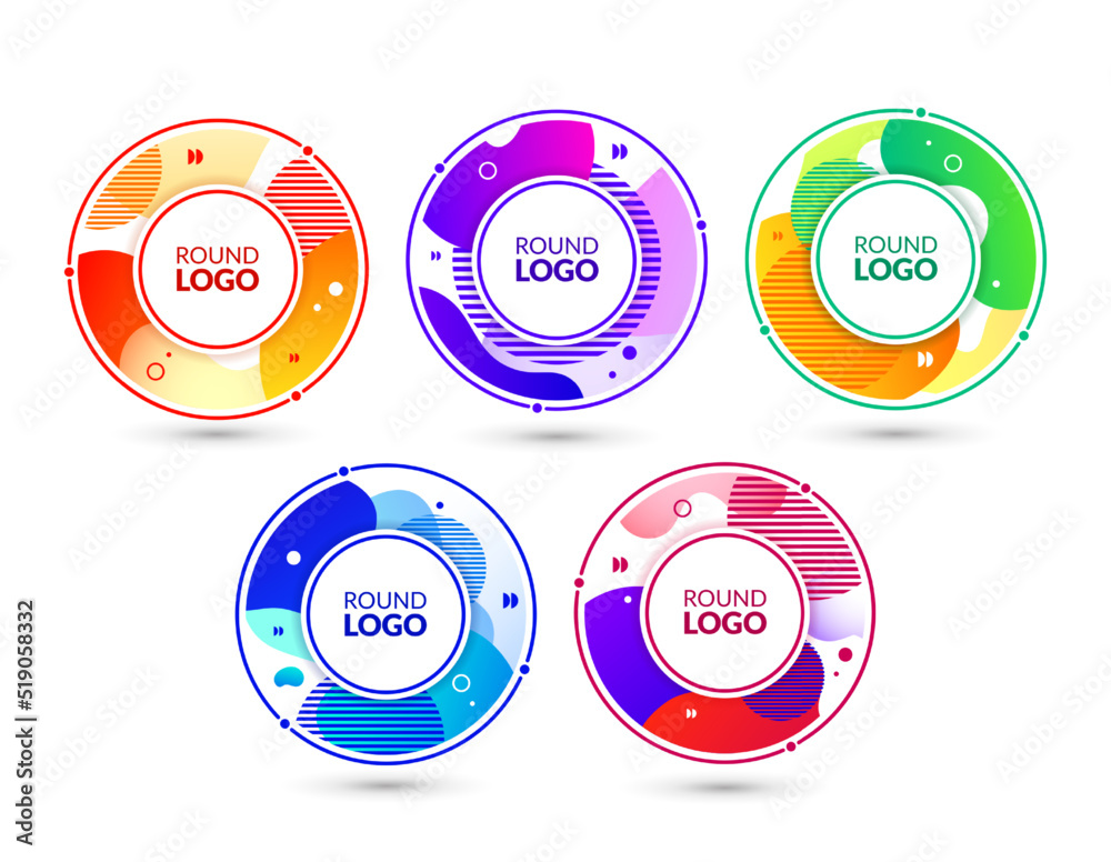 Poster Abstract circle logos. Corporate identity. Pattern with dynamic form elements. Fluid blend and line waves. Liquid geometric shapes. Company colorful emblems set. Vector design concept