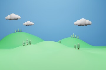 Cartoon Cute Background 3D illustration Rendering, Mountain Cloud and tree in pastel color