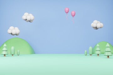 Cartoon Cute Background 3D illustration Rendering, Mountain Cloud Balloon Grass field in pastel color