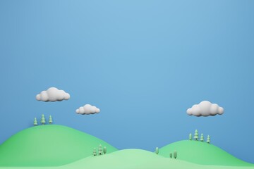 Cartoon Cute Background 3D illustration Rendering, Orthographic Mountain Cloud and tree in pastel color