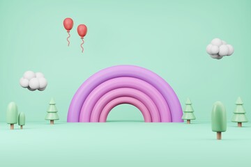 Cartoon Cute Background 3D illustration Rendering, Pink rainbow Cloud and Balloon in Grass field pastel color