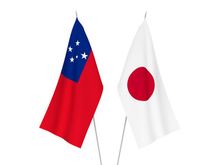 National fabric flags of Japan and Independent State of Samoa isolated on white background. 3d rendering illustration.