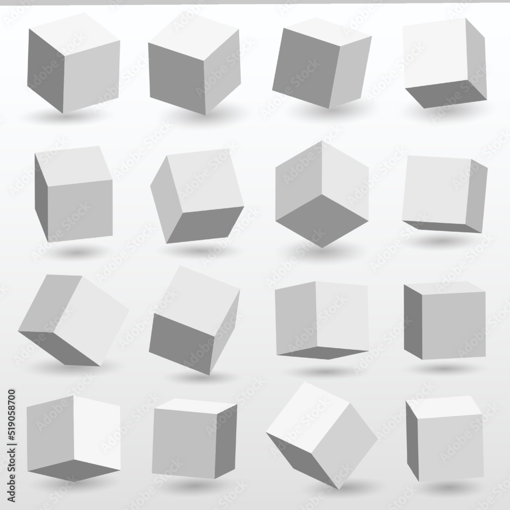 Poster 3D block cube with shadows. Object render in perspective for white logo. Abstract box angles. Square shapes set. Minimal cubic forms side view. Solid structure. Vector icon background