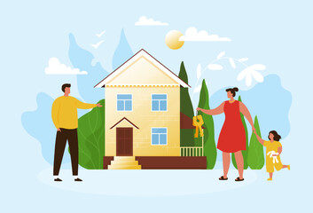 Family and house construction. Real estate agents sell apartments. People buy home. Banking mortgage. Woman with keys. Property purchase. Residence rent. Vector illustration background