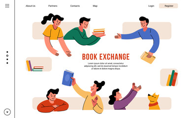Book gift swap landing page. Library exchange or bookstore sale day. Website UI. Education festival. Literature public university. People read novels. Web banner vector illustration