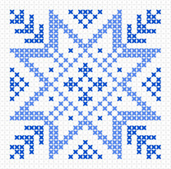 Scandinavian ornament, blue snowflake, cross stitch needlework