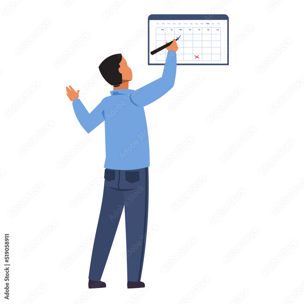 Poster man marks day on calendar. time management. businessman scheduling work week. agenda and business ap