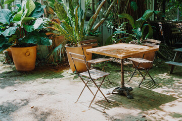 empty wood chair and table in garden