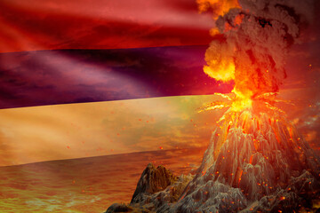 high volcano blast eruption at night with explosion on Mauritius flag background, troubles because of eruption and volcanic earthquake concept - 3D illustration of nature