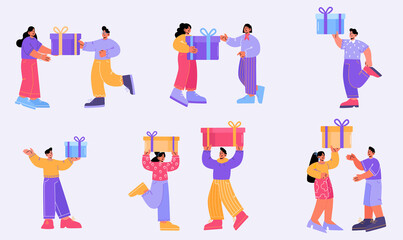 Fototapeta premium Happy people hold gift boxes, give presents for birthday, christmas and holidays. Vector flat illustration of persons receive rewards, gift boxes with ribbon bow isolated on background