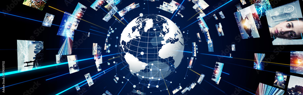 Poster Global communication network concept. Internet movie. Video distribution service. Streaming video. Wide image for banners, advertisements.