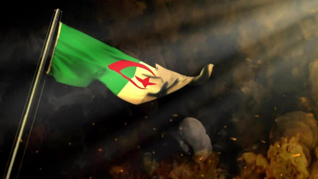 waving Algeria flag on smoke and fire with sun beams - cataclysm concept