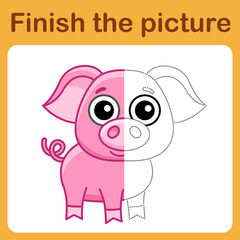 Connect the dot and complete the picture. Simple coloring book of pig. Drawing game for children