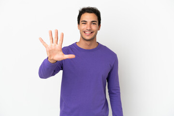 Caucasian handsome man over isolated white background counting five with fingers