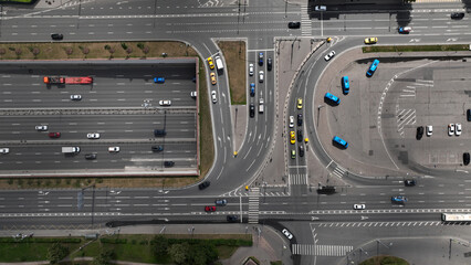 panoramic view of an automobile avenue with busy traffic in the center of Moscow on a sunny day taken from a drone