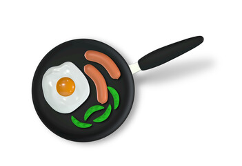 Fried egg sausage and green peas flying above yellow frying pan, 3D rendering Image.