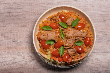 Fried rice with pork with chili paste. Thai spicy food.