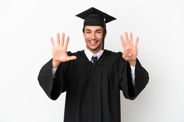 Young university graduate over isolated white background counting nine with fingers