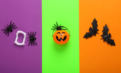Creative halloween layout. Halloween decor on three colored bright background. Vampire jaw, pumpkin jack o lantern candy bucket, bats and spiders. Top view. Flat lay