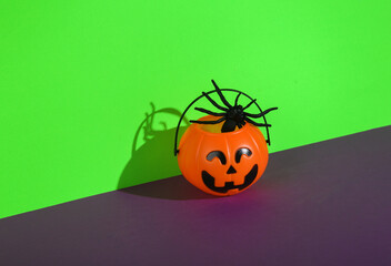 Halloween bucket pumpkin for candy with spider on green purple background. Trick or Treat