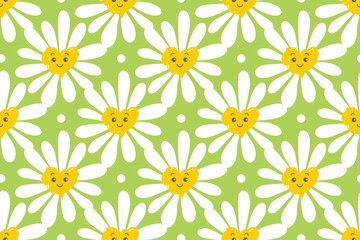 Cute smiling daisy flower seamless pattern. Chamomile with happy emotion.illustration for nature design. Vector cartoon background. 