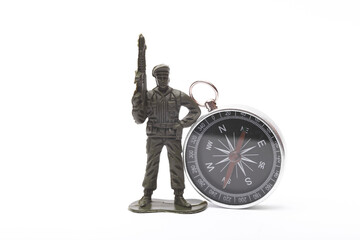 Plastic toy soldier with a compass on a white background.