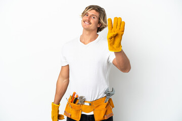 Young electrician blonde man isolated on white background happy and counting four with fingers