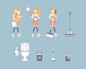 set of female housekeeper, woman do grocery shopping, holding toilet brush and sponge, cleaning toilet with mop, broom, bin, bucket, chore concept, flat character design vector illustration cartoon