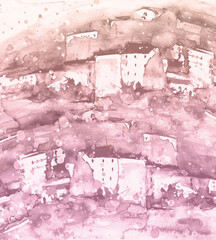 Watercolor landscape of the old city. Art illustration, background. Vintage drawing, abstract splash of paint, silhouettes of houses, buildings, trees, hill. Summer landscape, country landscape.