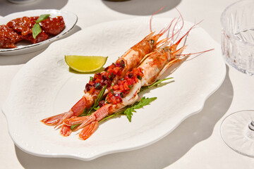 Seafood appetizer - baked langoustines with tomato tartar on white table. Grilled shrimp in italian restaurant menu. Langoustines on white background with shadows. Shrimp appetizer. Baked prawn.