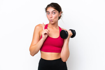 Fototapeta na wymiar Young sport caucasian woman making weightlifting isolated on white background intending to realizes the solution while lifting a finger up
