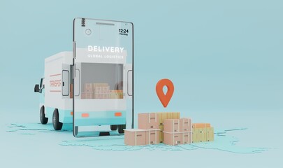 Online Shop Global logistic truck van delivery on smartphone.3d rendering