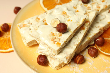 Concept of tasty food with nougat, close up