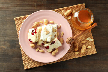 Concept of tasty food with nougat, top view
