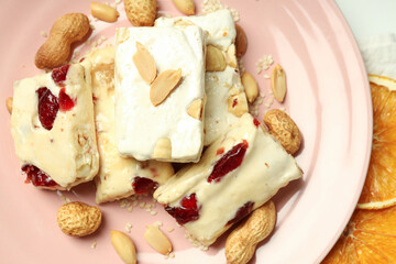 Concept of tasty food with nougat, close up