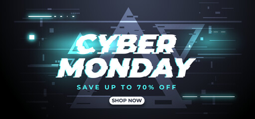 Web banner cyber monday sale, glitch effect. For social media stories sale, up to 70% off, web page, mobile phone. template design special offer