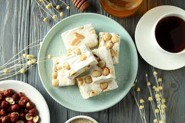 Concept of tasty food with nougat, top view