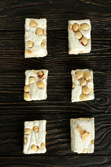 Concept of tasty food with nougat, top view